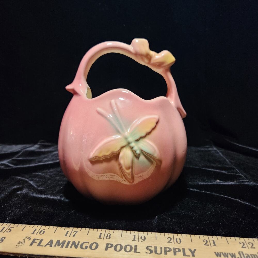 VTG Hull Pottery Pink Basket Planter Yellow Bow Floral Pansy B5 USA MCM 6"